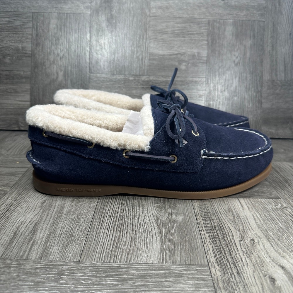 Sperry Boat Shoe AO 2-Eye Women 10.5 Navy Suede Faux Fur Lined NEW 109157